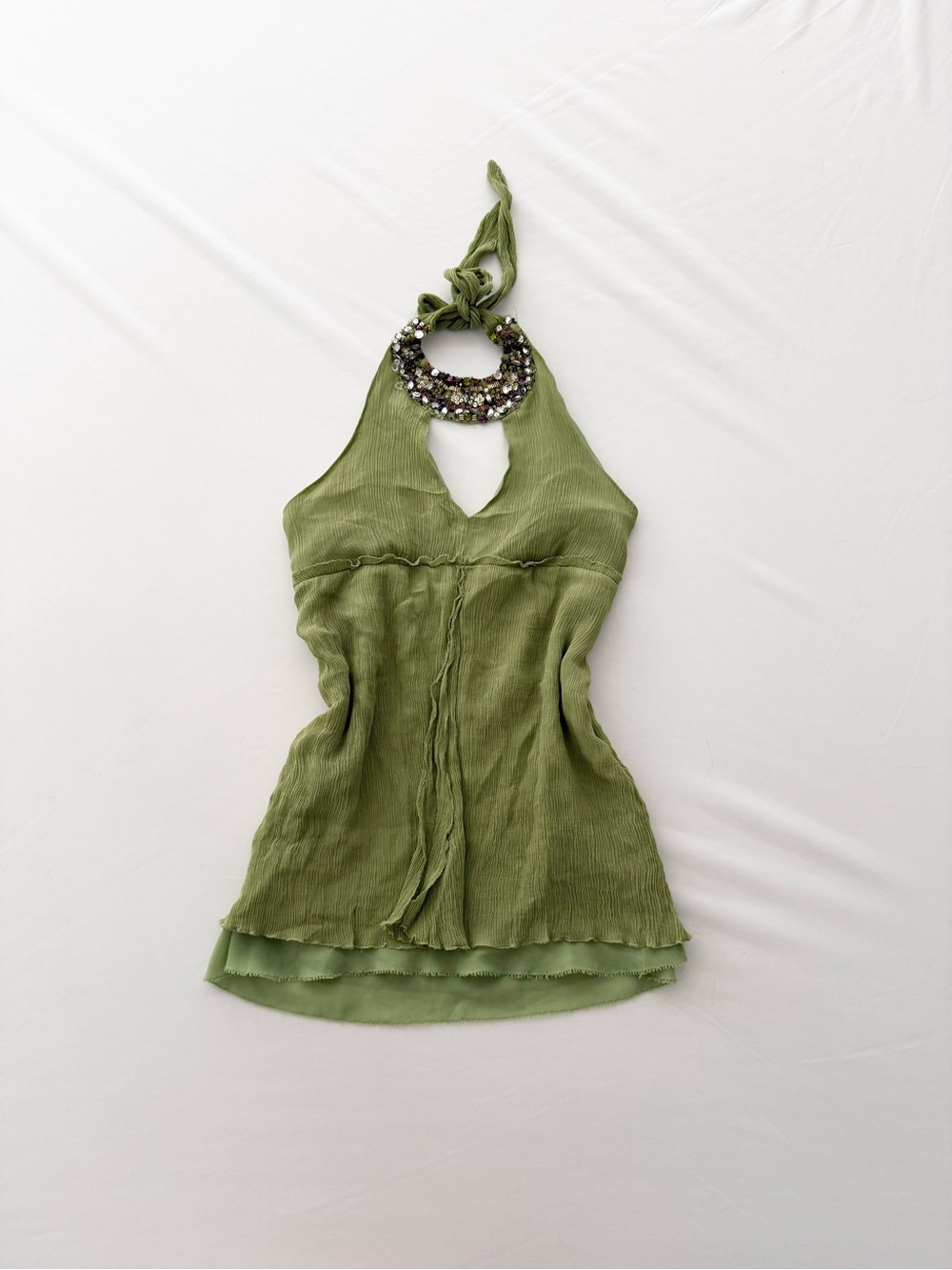 Y2K nicole miller 100% silk green beaded halter top